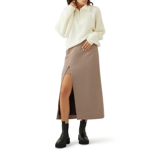 MAJE Jaisa Brown Plaid Wool Blend Front Back Slit Edgy Pencil Skirt Size US 8 - Picture 1 of 16